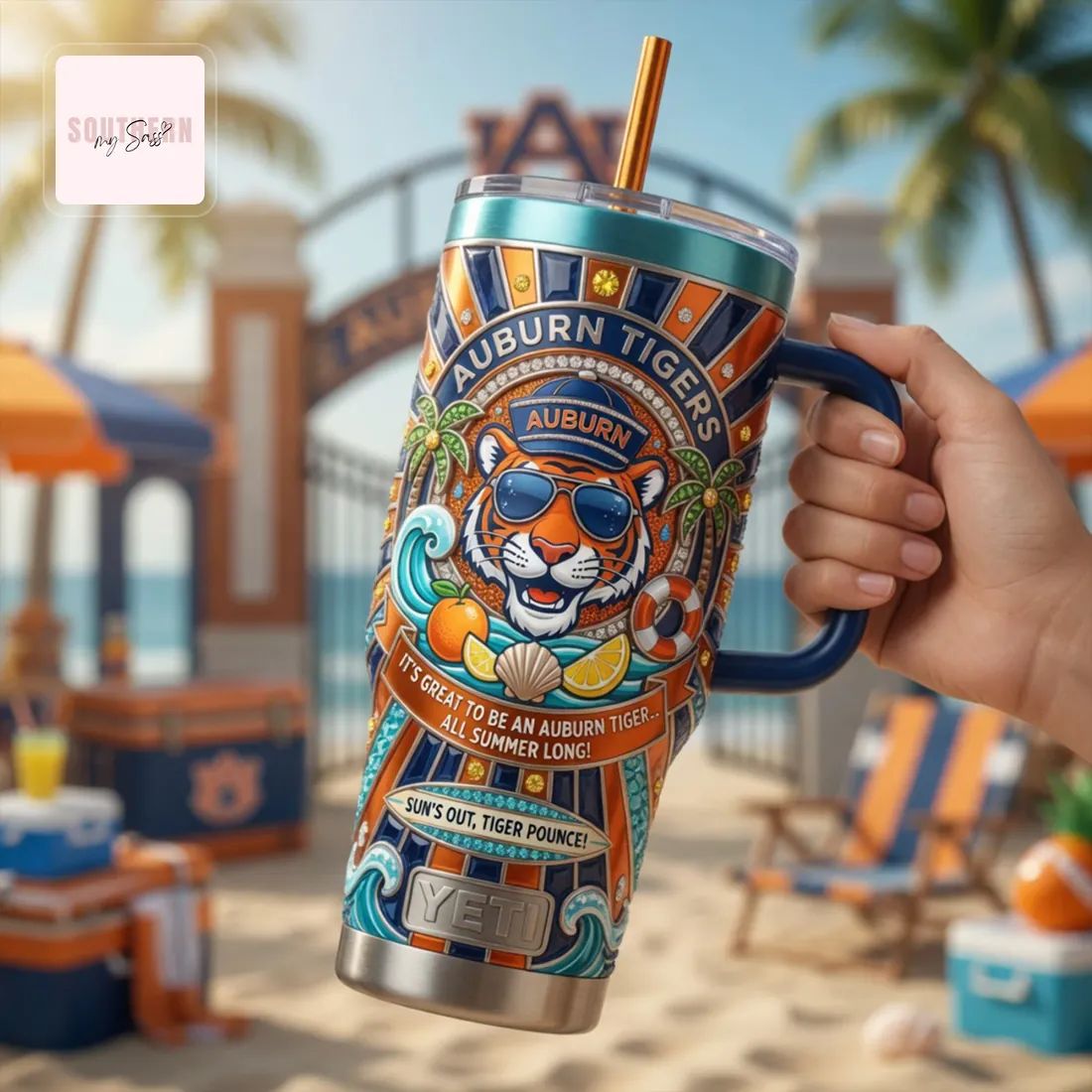 Auburn Tigers YETI 40oz Summer Beach Insulated Tumbler with Handle