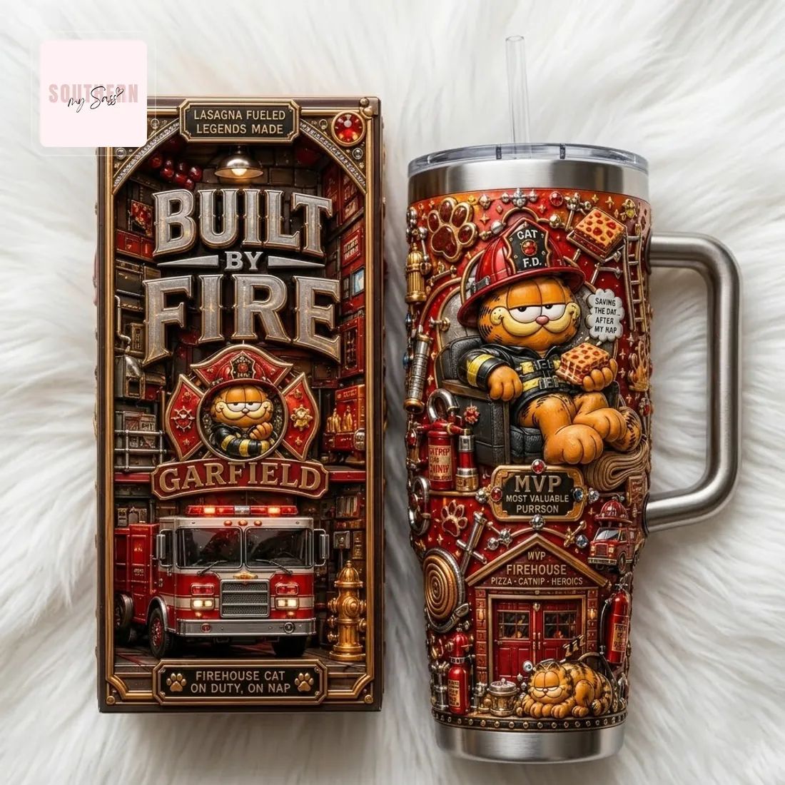 Garfield Firefighter Lasagna Fueled Premium 40oz Tumbler With Handle